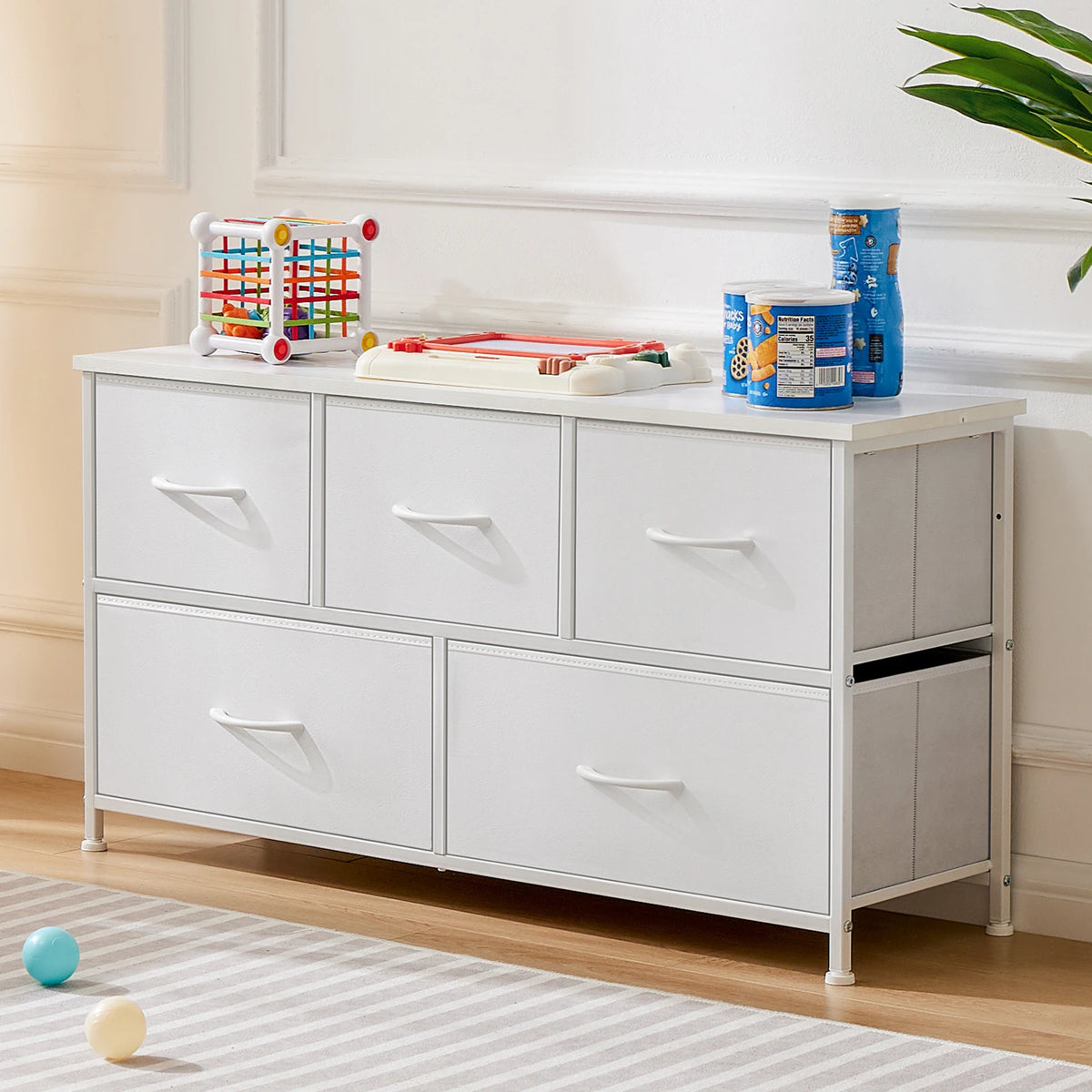 JHK White Fabric Drawer Wardrobe With Wooden Storage Cabinet
