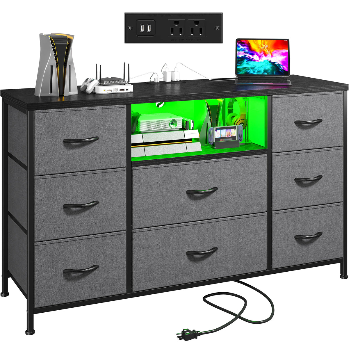 Eight Drawer Media Dresser With LED Lighting And Charging Station