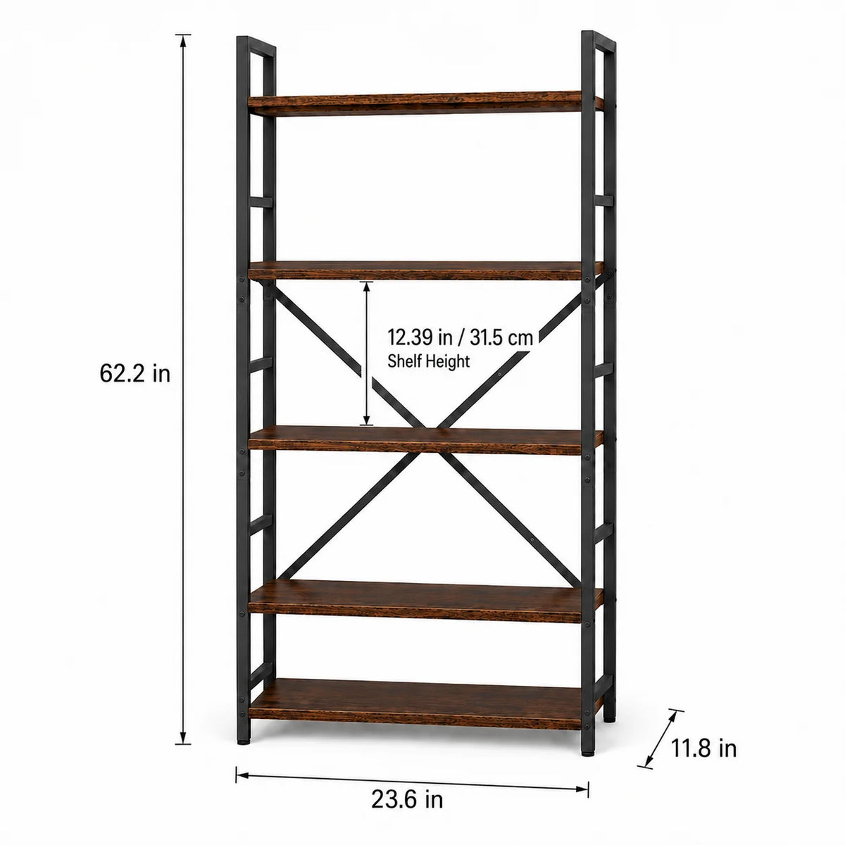 Five Tier Wood And Metal Bookshelf For Home Office Storage