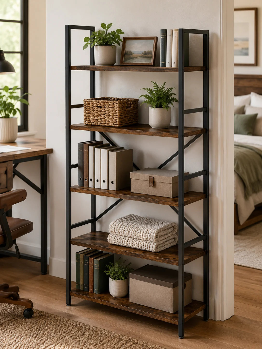 Five Tier Wood And Metal Bookshelf For Home Office Storage
