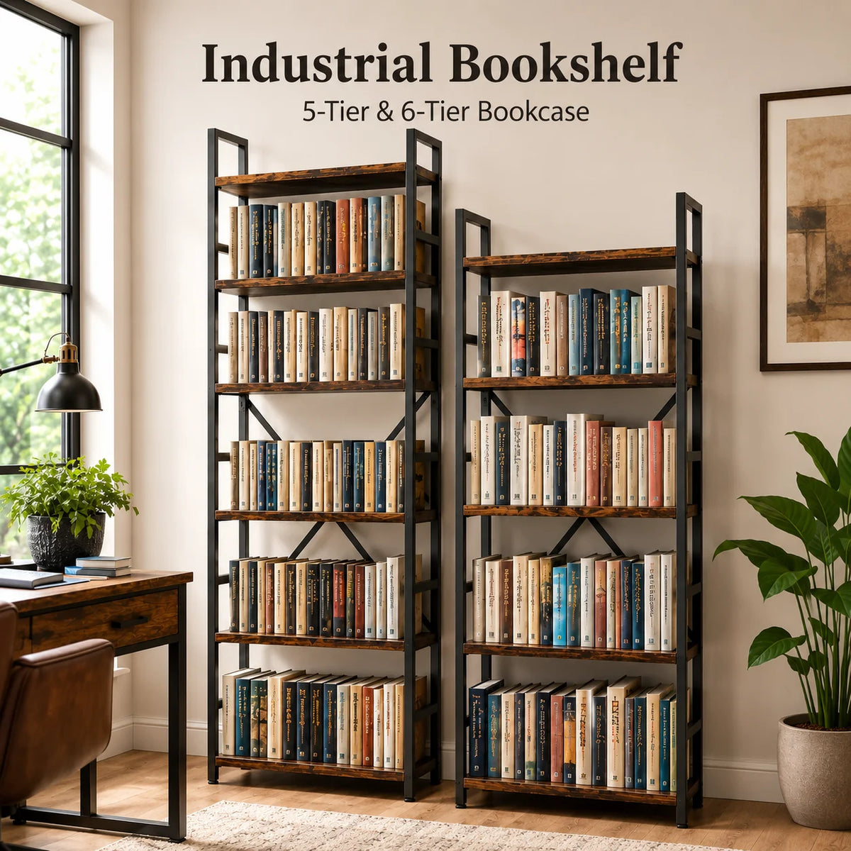 Five Tier Wood And Metal Bookshelf For Home Office Storage