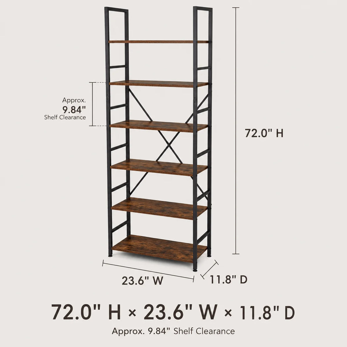 Five Tier Wood And Metal Bookshelf For Home Office Storage