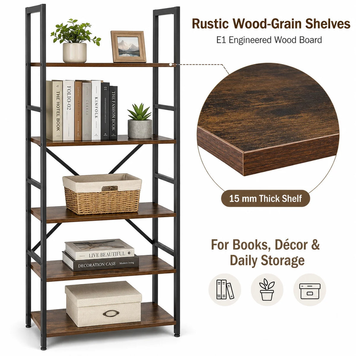 Five Tier Wood And Metal Bookshelf For Home Office Storage