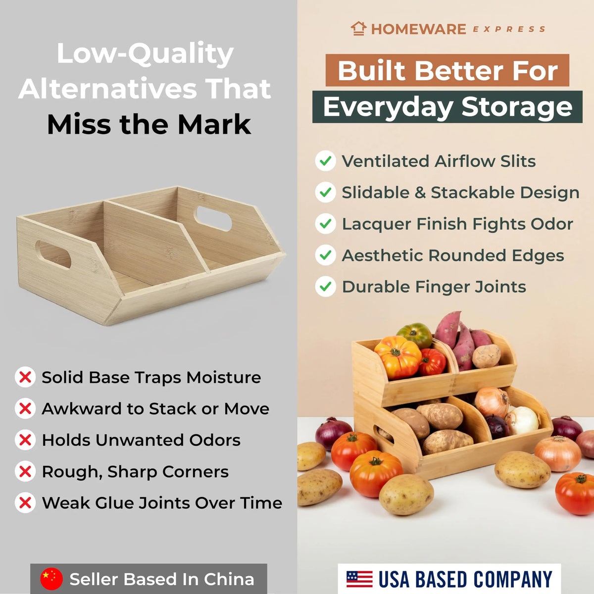 Potato and Onion Storage Bin, Stackable Bamboo Pantry Organizer and Storage Ventilated Wood Baskets with Handles for Potatoes, Onions, Garlic, Fruit and Vegetables; Kitchen Countertop Produce