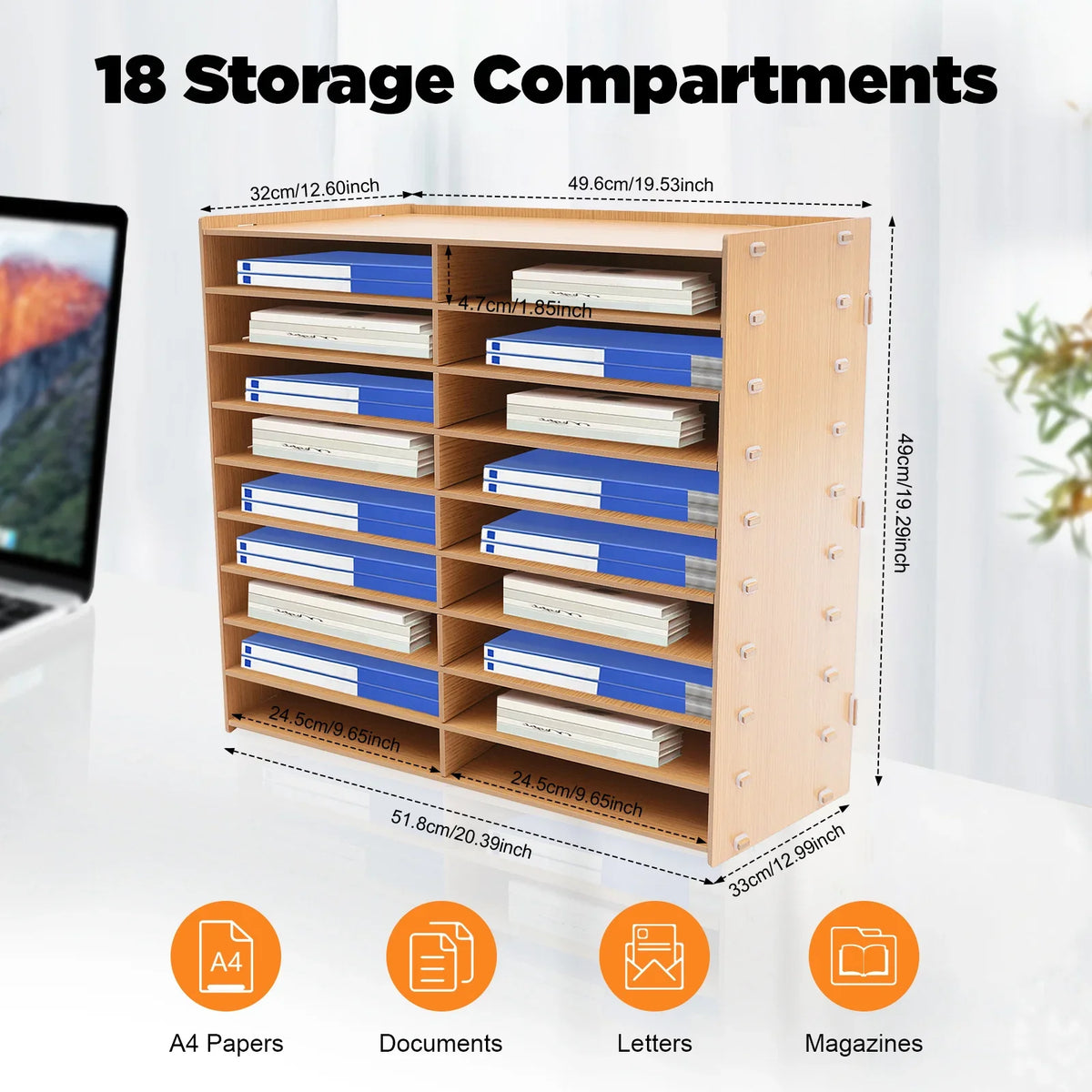 Wooden 18 Slot Desktop File Organizer Document Paper Sorter