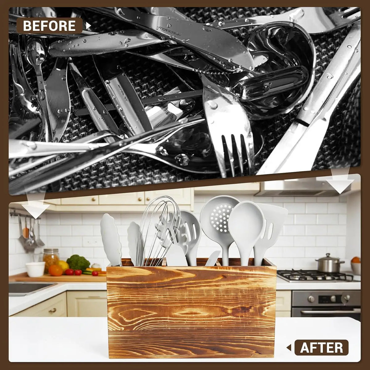 Garvee Rustic Wood Utensil Holder Caddy Kitchen Countertop Organizer