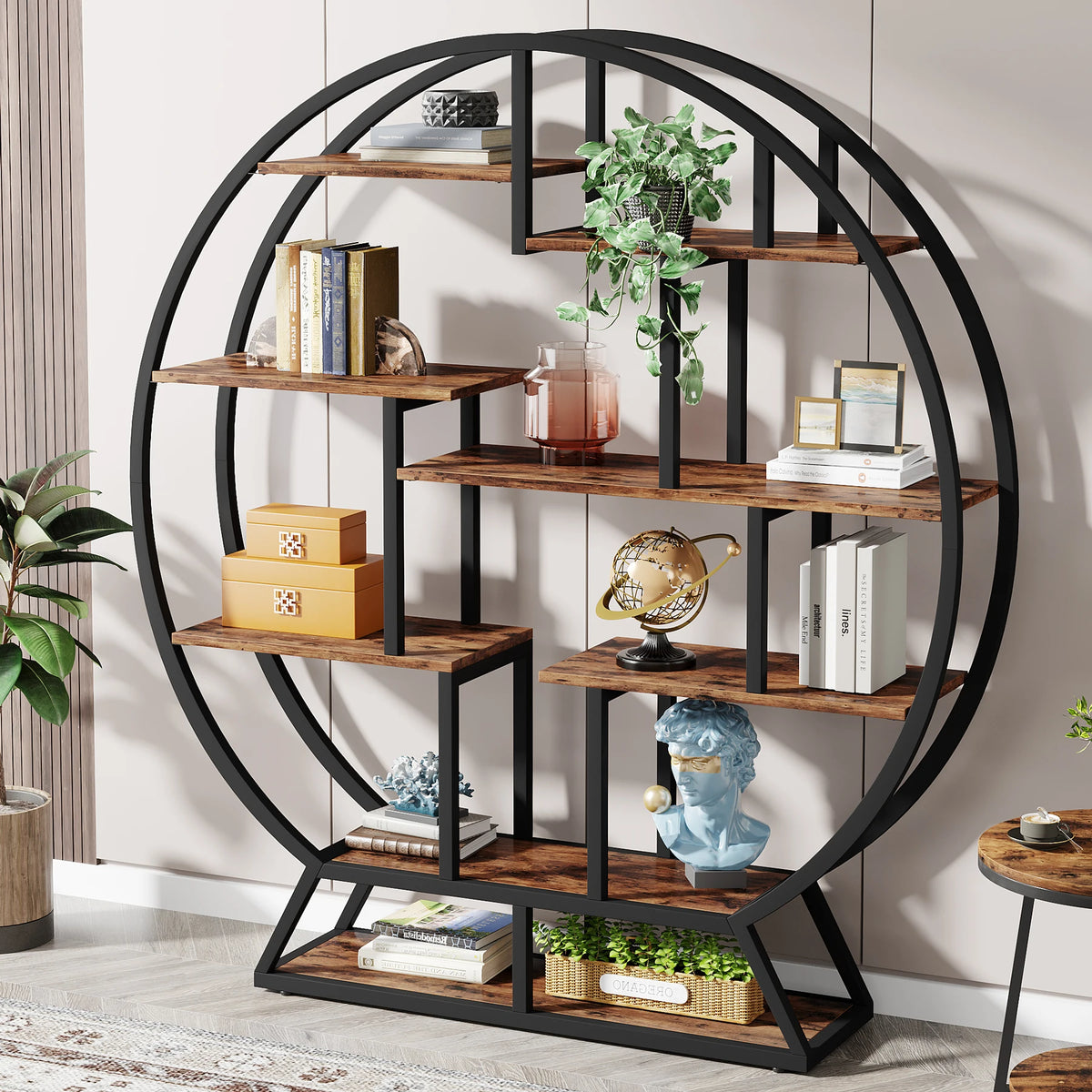 Tribesigns Round Industrial Bookshelf With Staggered Wooden Shelves