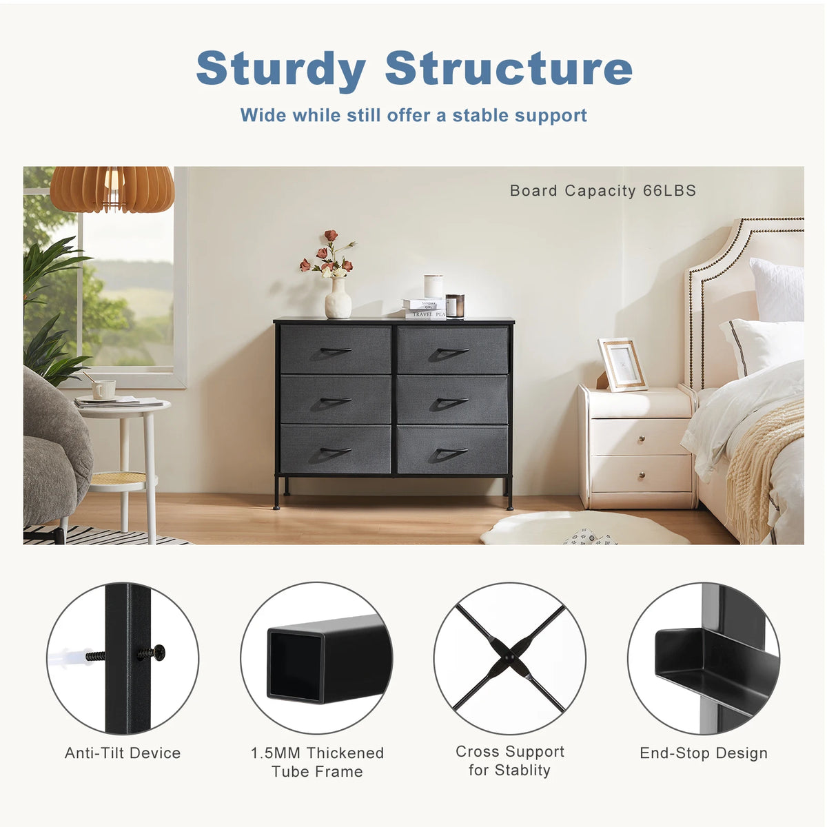 JHK 6 Fabric Drawer Nightstand With Metal Storage Cabinet