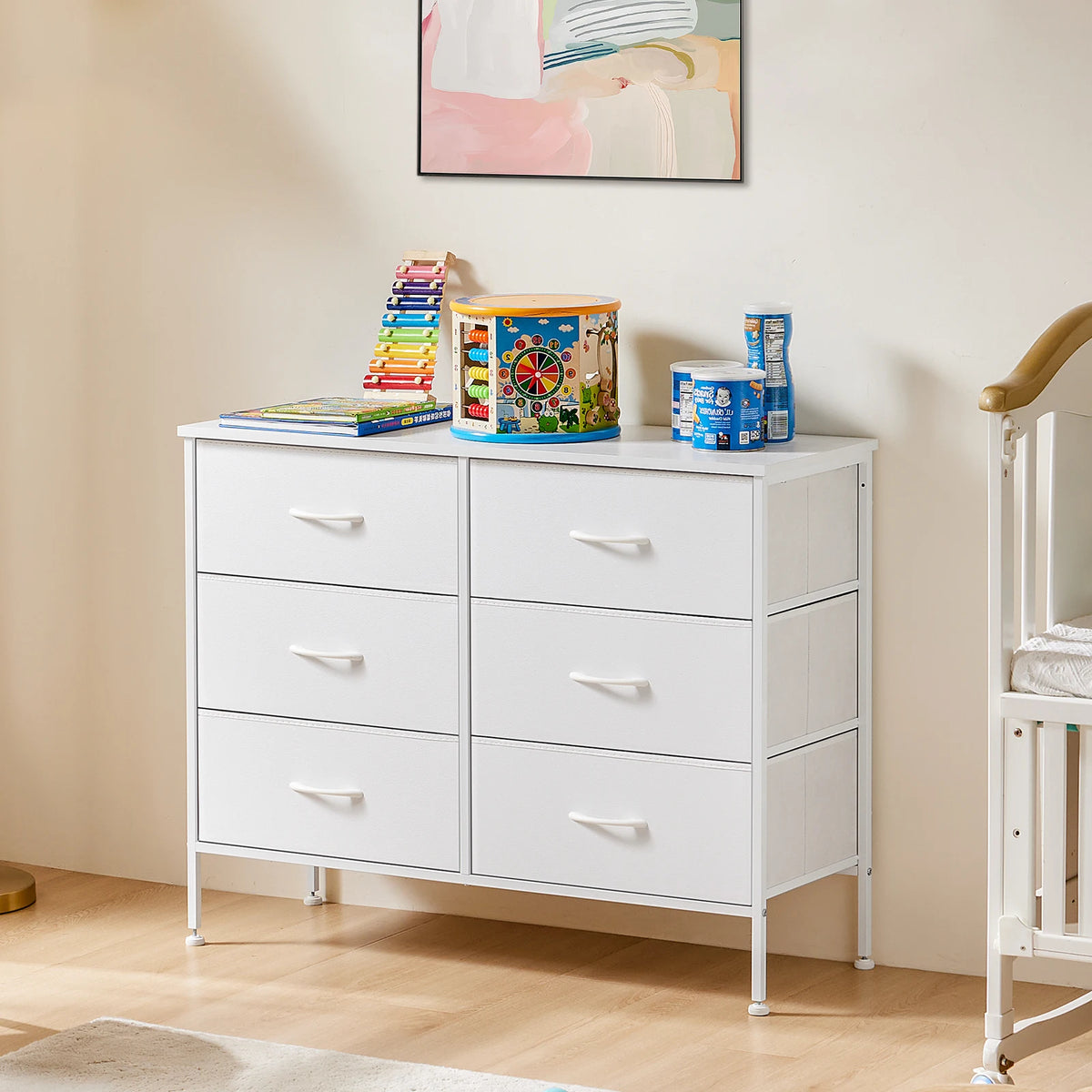 JHK 6 Fabric Drawer Nightstand With Metal Storage Cabinet