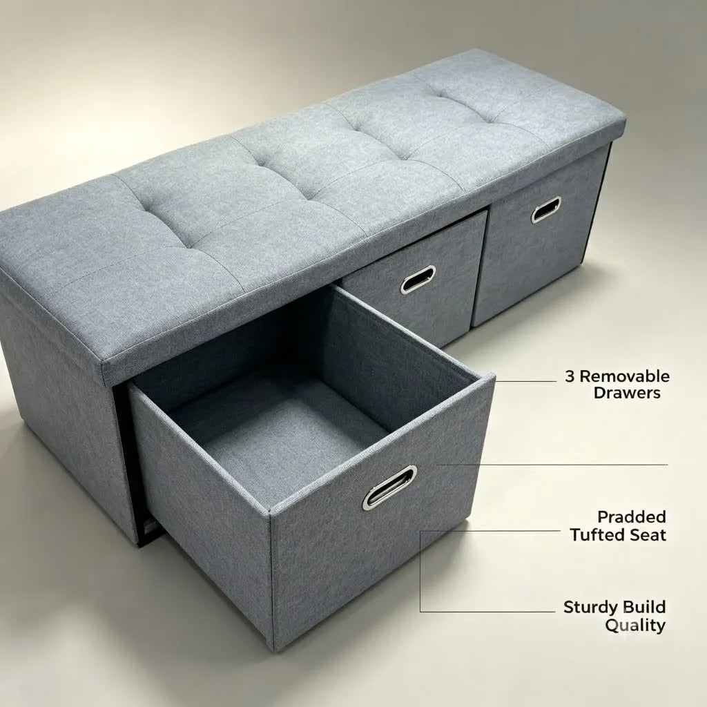 Foldable Linen Storage Ottoman Bench With 3 Removable Drawers