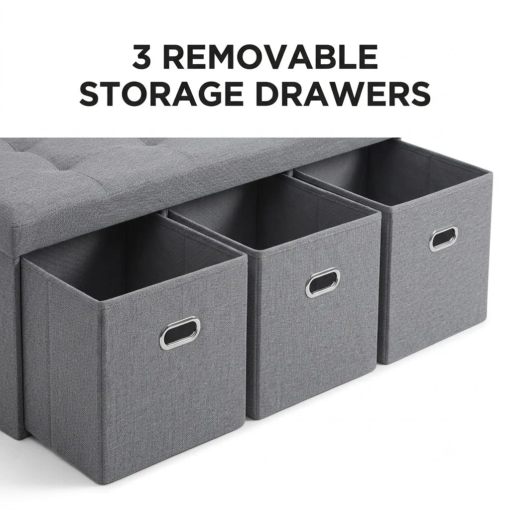 Foldable Linen Storage Ottoman Bench With 3 Removable Drawers