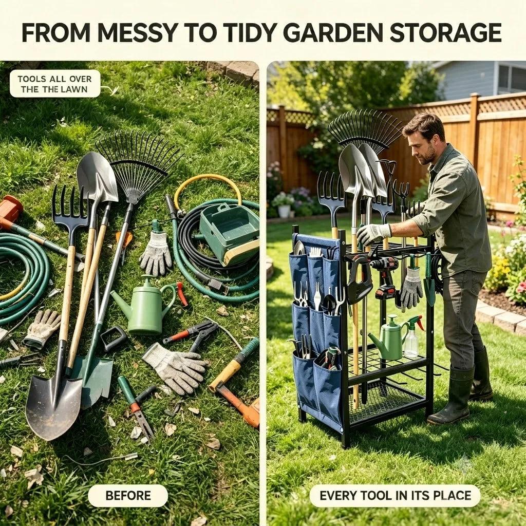 Heavy Duty Freestanding Metal Garden Tool Storage Rack Organizer