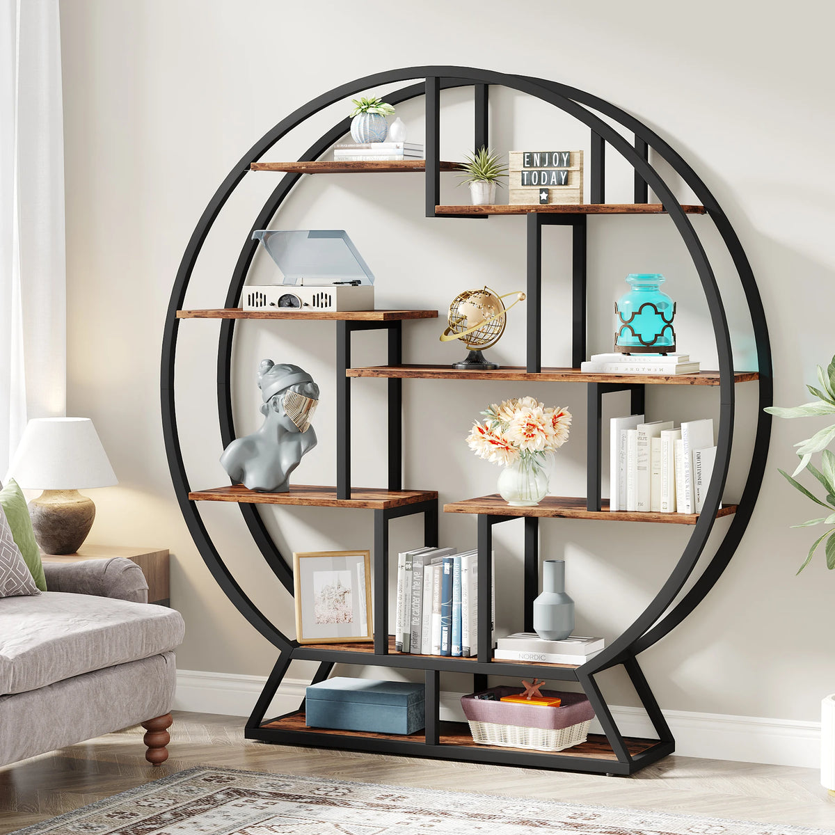 Tribesigns Round Industrial Bookshelf With Staggered Wooden Shelves
