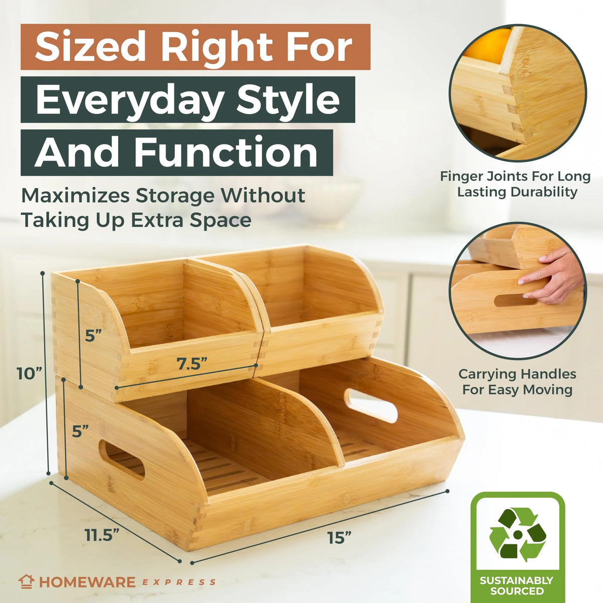 Potato and Onion Storage Bin, Stackable Bamboo Pantry Organizer and Storage Ventilated Wood Baskets with Handles for Potatoes, Onions, Garlic, Fruit and Vegetables; Kitchen Countertop Produce