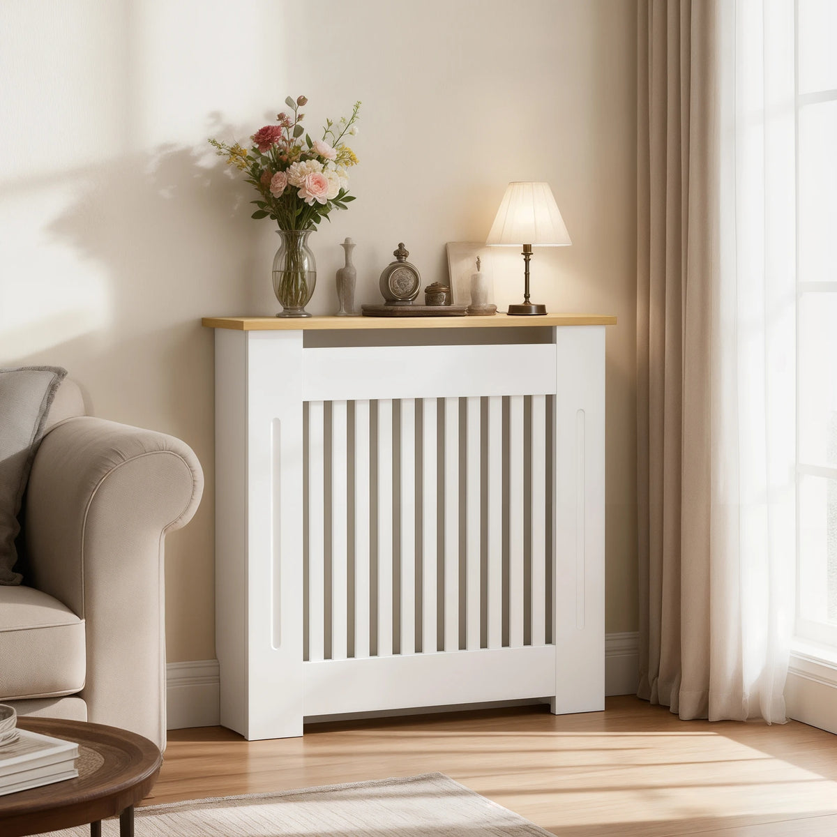Modern Wooden Radiator Cover With Vertical Slats And Shelf