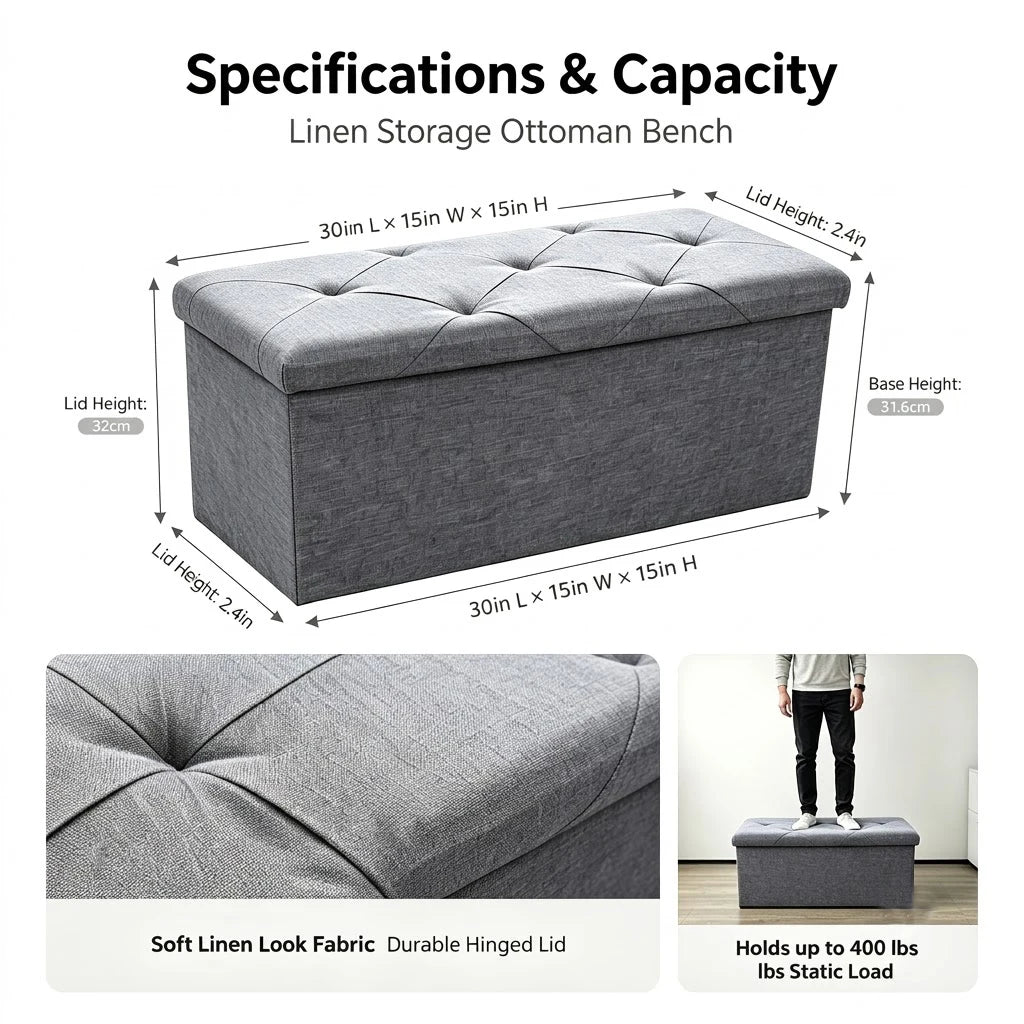 Folding Storage Ottoman Bench with 400 Lb Capacity