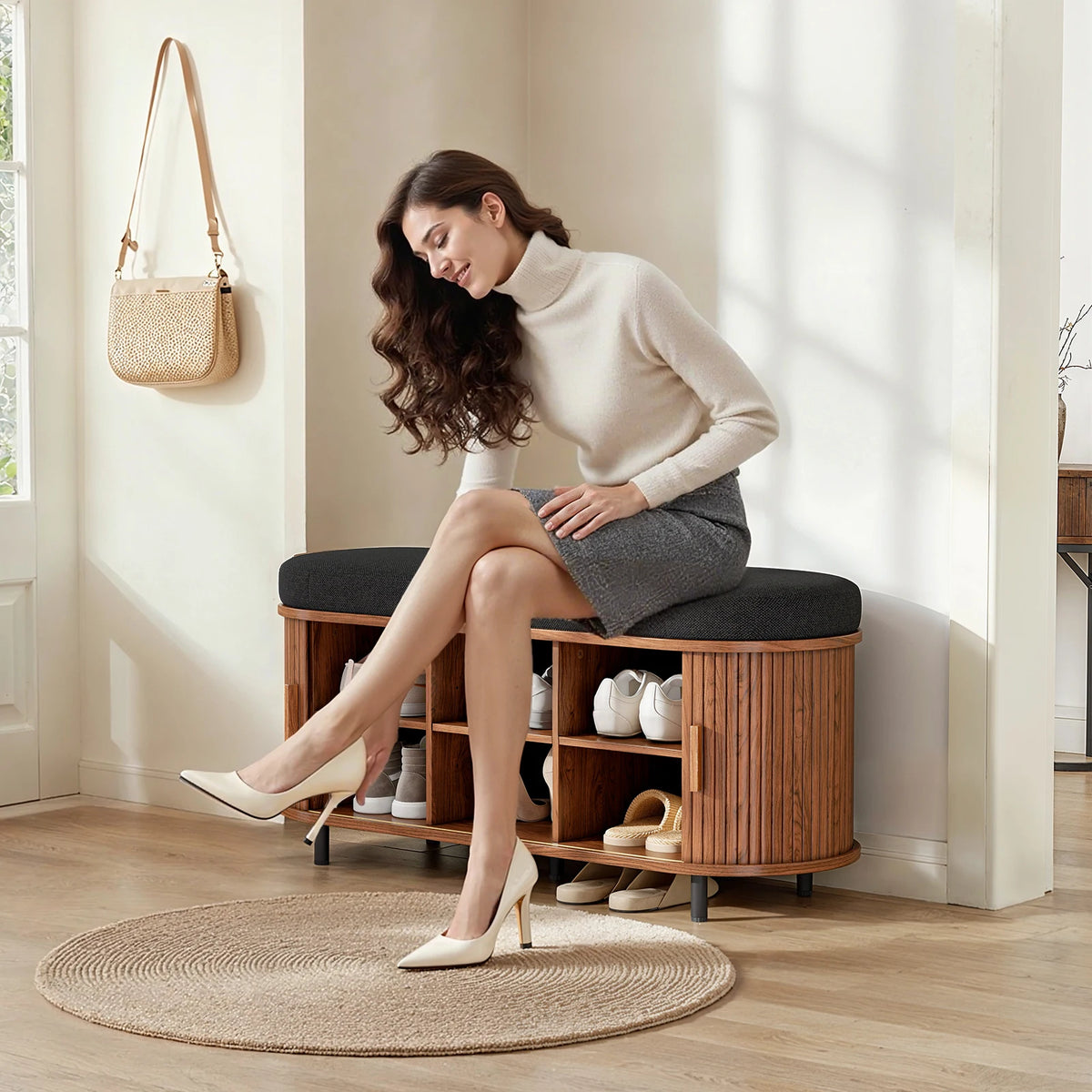 Sturdy Wooden Three Tier Shoe Storage Bench With Cushion