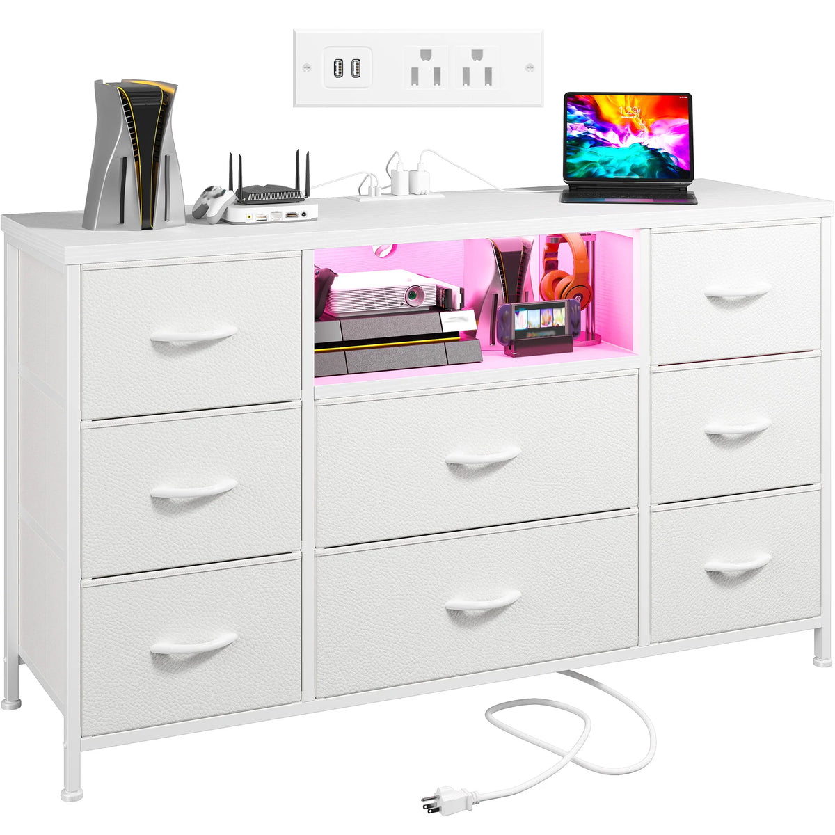 Eight Drawer Media Dresser With LED Lighting And Charging Station