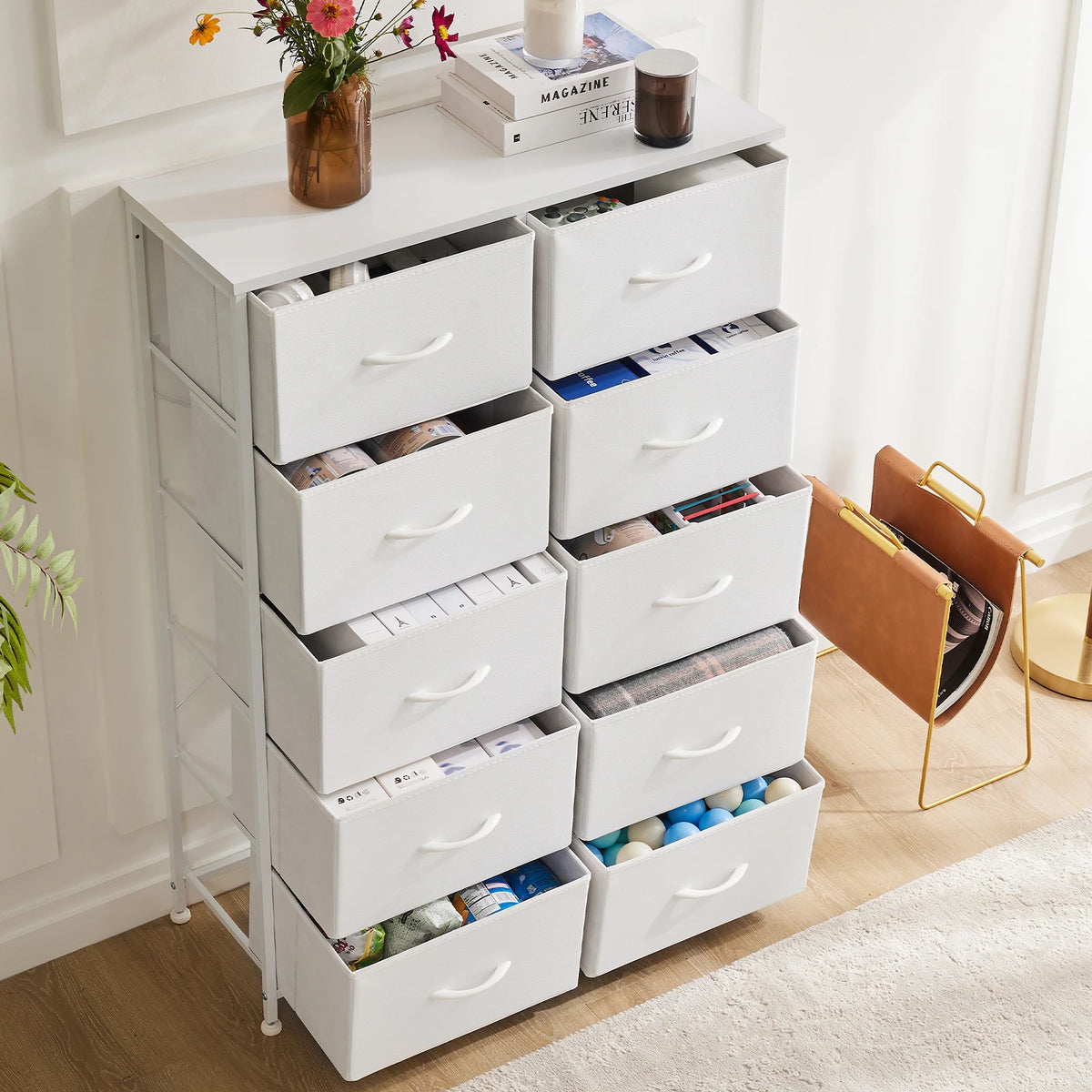 JHK Modern White Fabric Drawer Wardrobe For Bedroom Storage