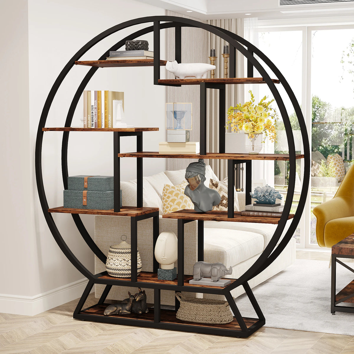 Tribesigns Round Industrial Bookshelf With Staggered Wooden Shelves