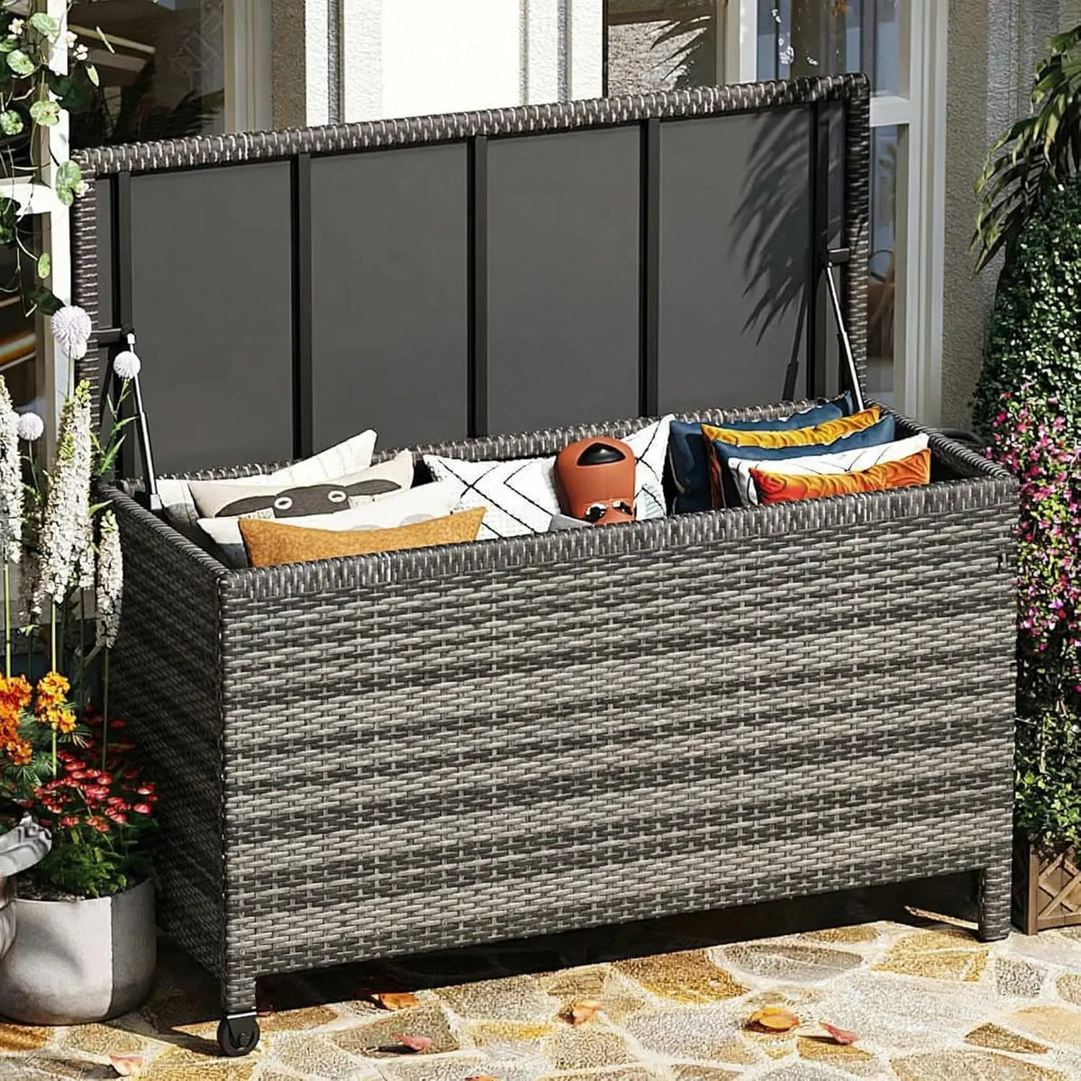 HiMISS Outdoor Waterproof Wicker Patio Storage Trunk With Steel Frame