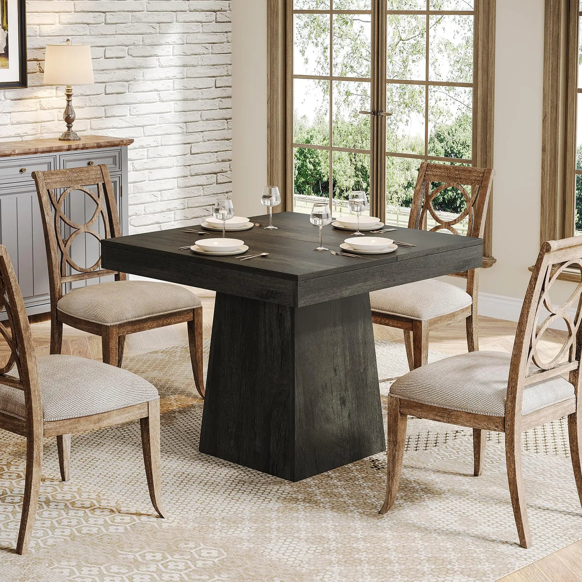 Tribesigns Square Wooden Dining Table With Pedestal Base Farmhouse Style