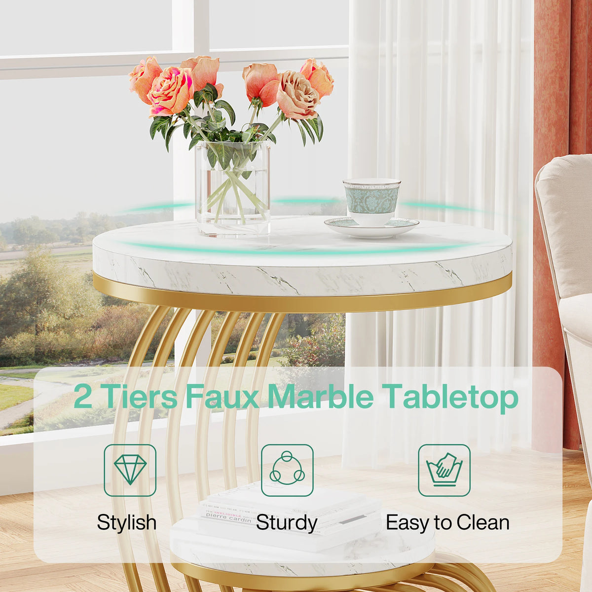 Tribesigns Modern Round Faux Marble End Table With Storage Shelf