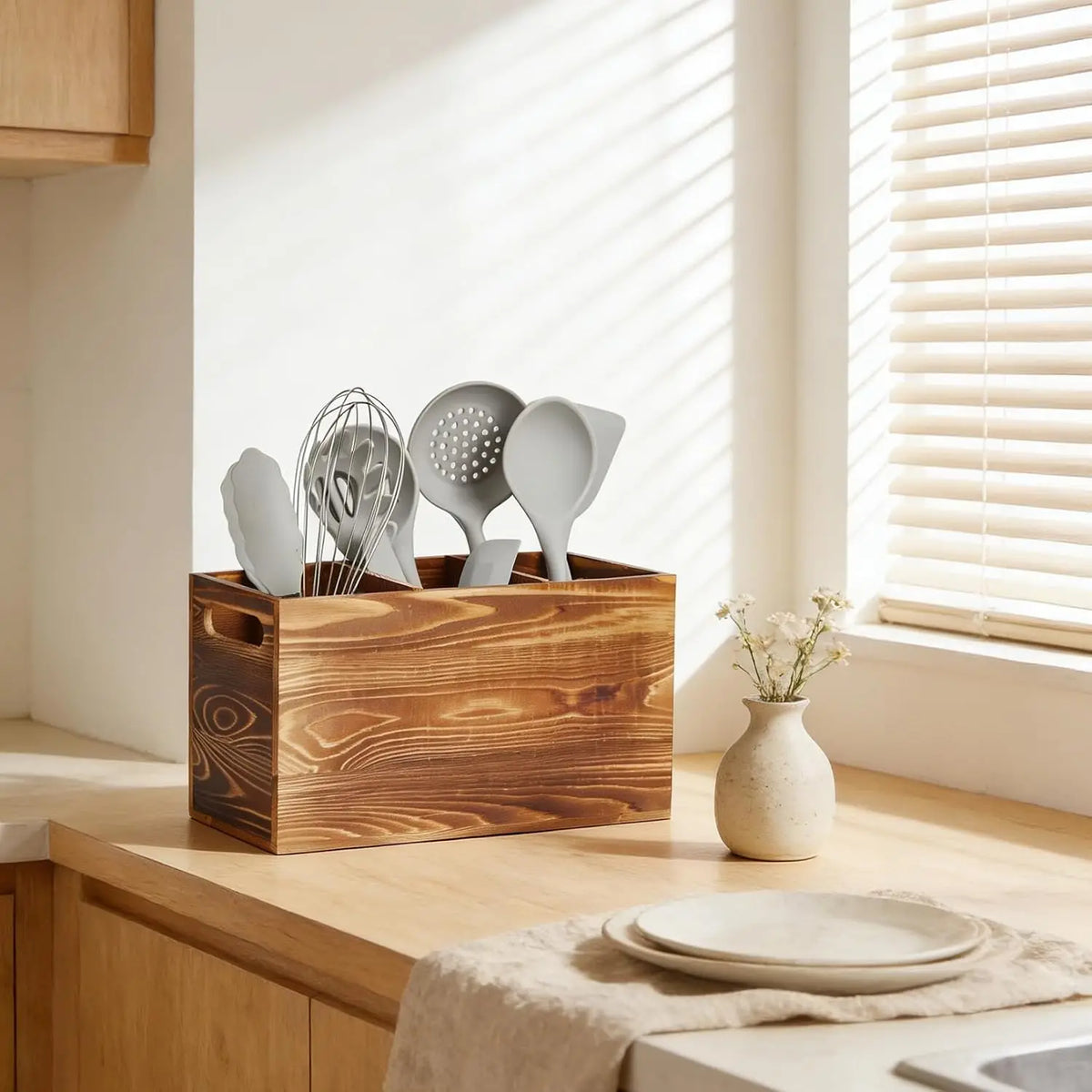 Garvee Rustic Wood Utensil Holder Caddy Kitchen Countertop Organizer
