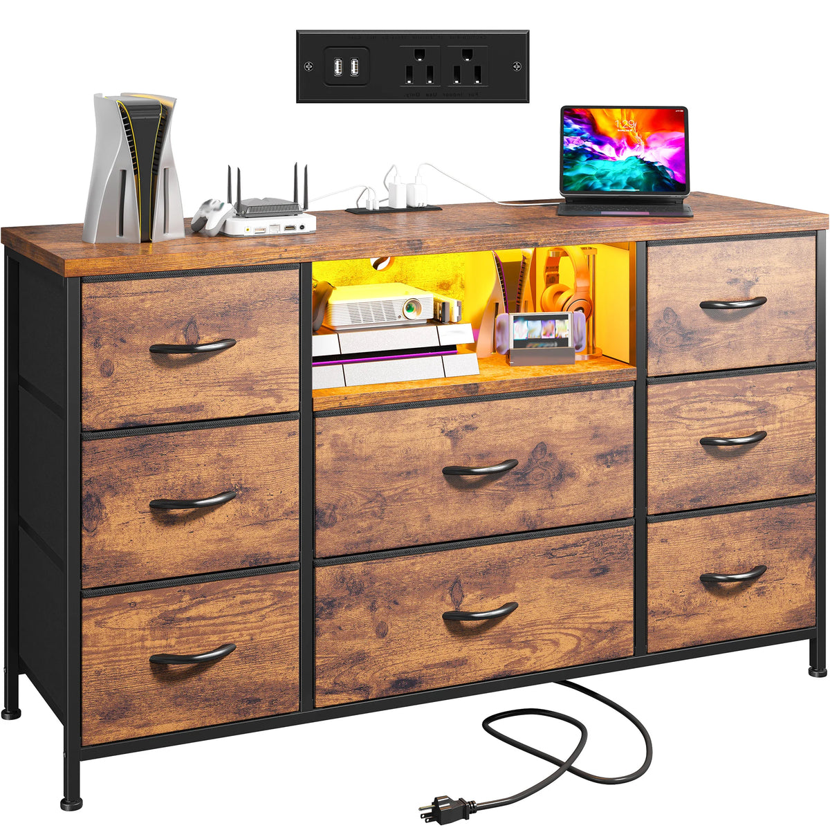 Eight Drawer Media Dresser With LED Lighting And Charging Station