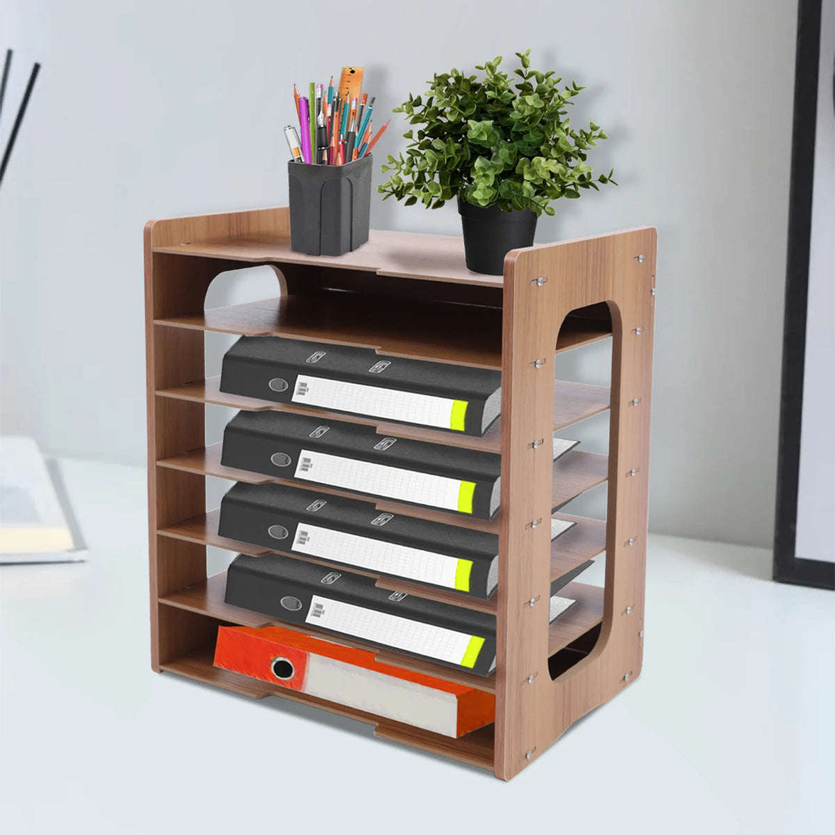 Seven Tier Wood Office Desk File Organizer Tray Holder