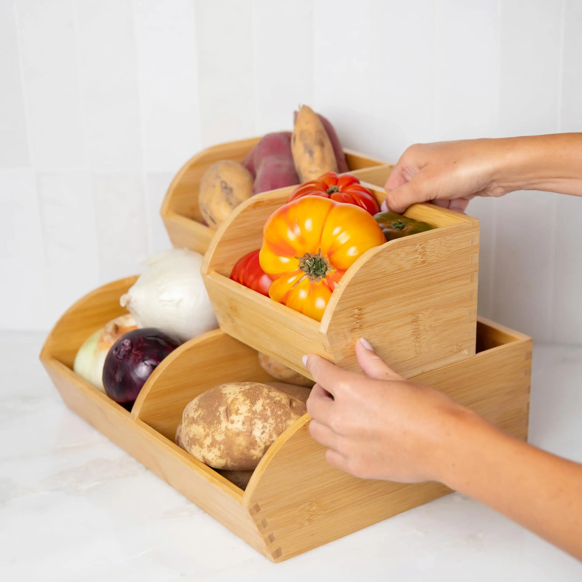 Potato and Onion Storage Bin, Stackable Bamboo Pantry Organizer and Storage Ventilated Wood Baskets with Handles for Potatoes, Onions, Garlic, Fruit and Vegetables; Kitchen Countertop Produce