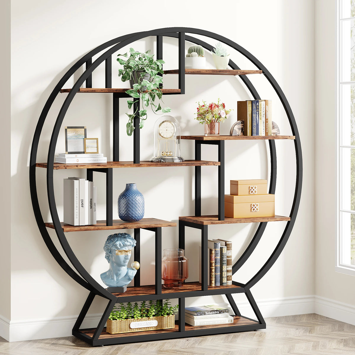 Tribesigns Round Industrial Bookshelf With Staggered Wooden Shelves