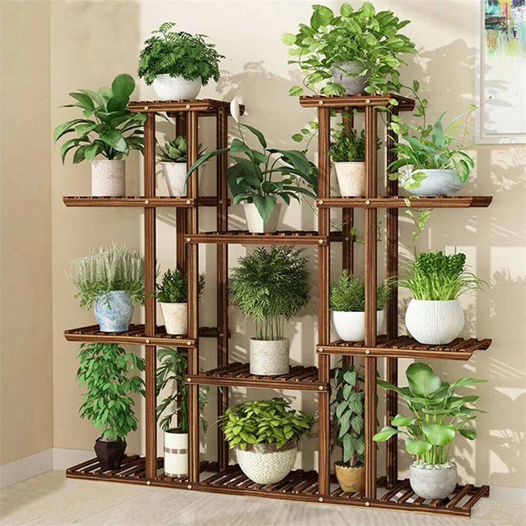 Eleven Tier Wood Plant Stand For Indoor Outdoor Garden Display