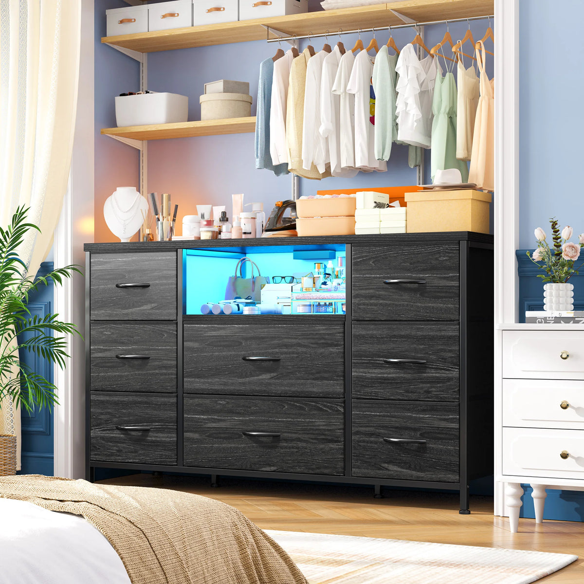 Eight Drawer Media Dresser With LED Lighting And Charging Station