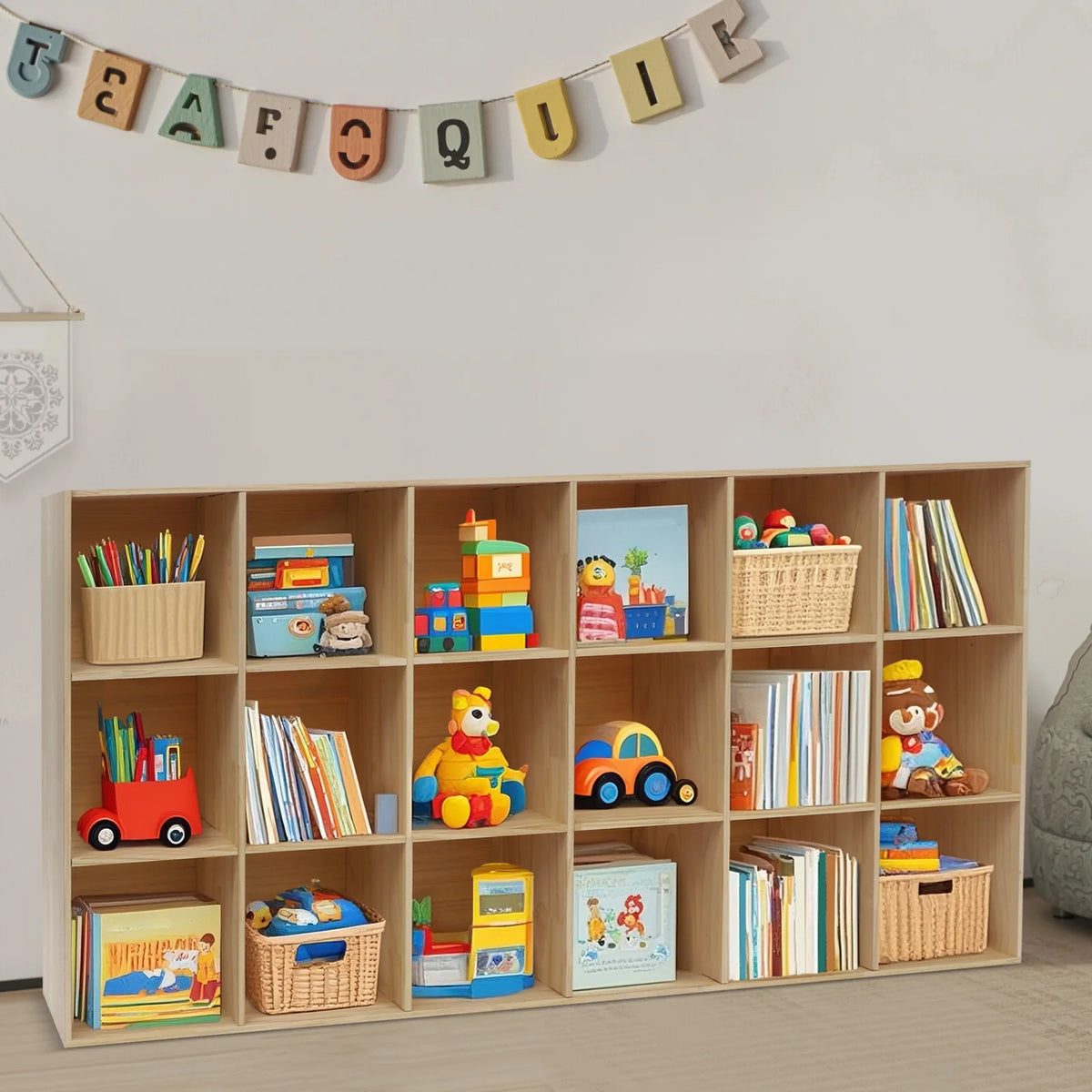 18-Cube Solid Wood Multilayer Bookshelf Easy Assembly Bookcase Floor 3-Tier Storage Cabinet 30x90x180cm Living Room Bedroom Study Storage Shelf for Books Toys Sundries Display Cabinet