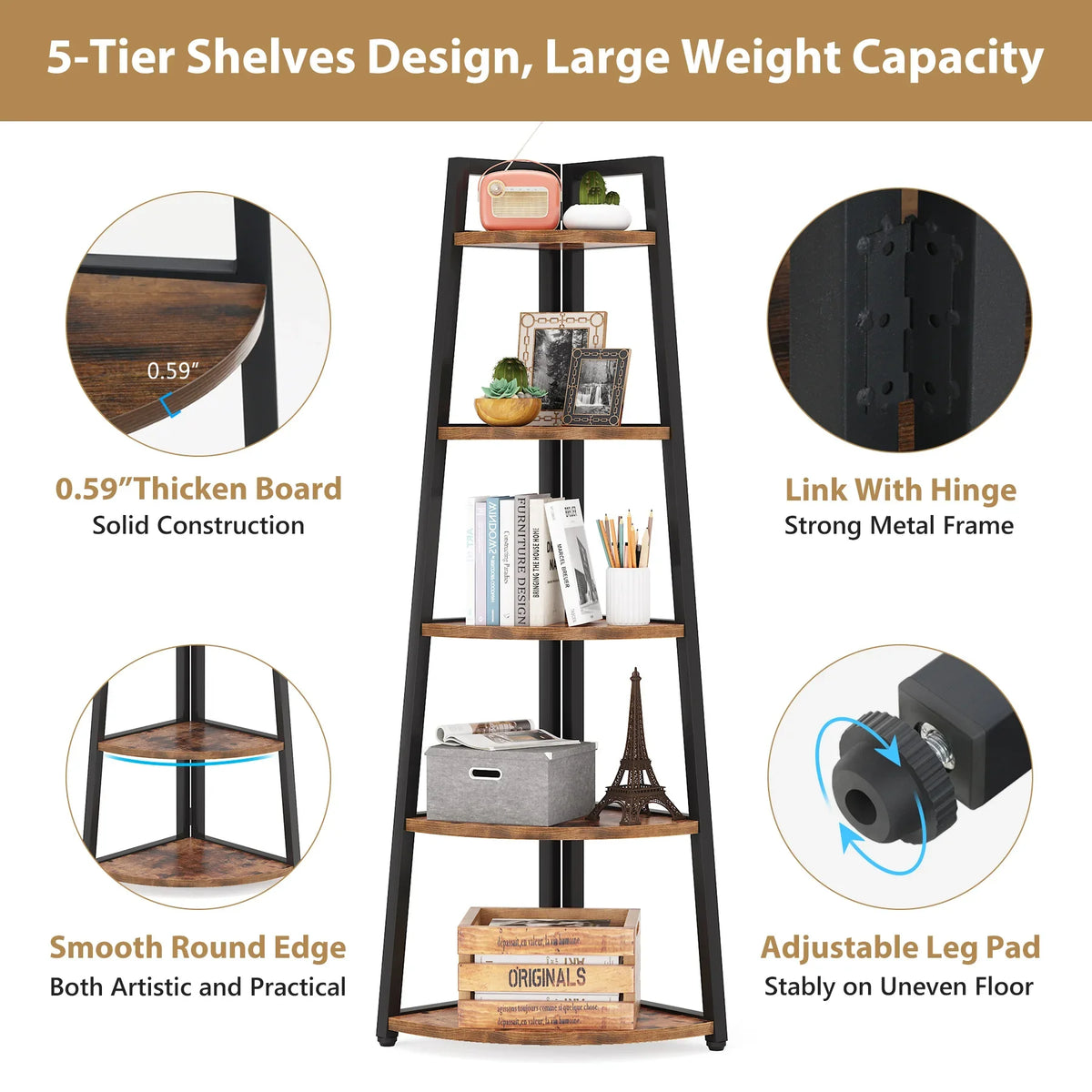 Tribesigns Five Tier Corner Wood Bookcase Modern Shelf Rack
