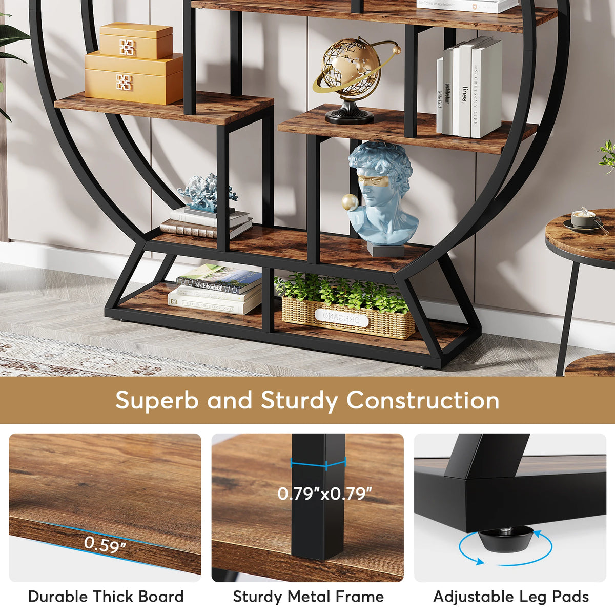 Tribesigns Round Industrial Bookshelf With Staggered Wooden Shelves