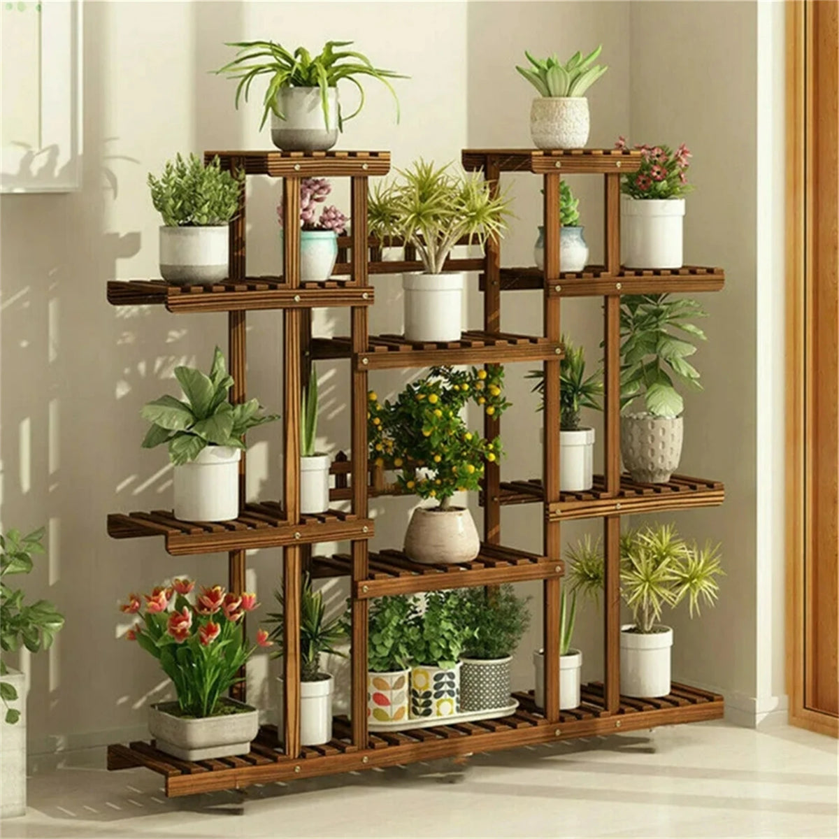 Eleven Tier Wood Plant Stand For Indoor Outdoor Garden Display