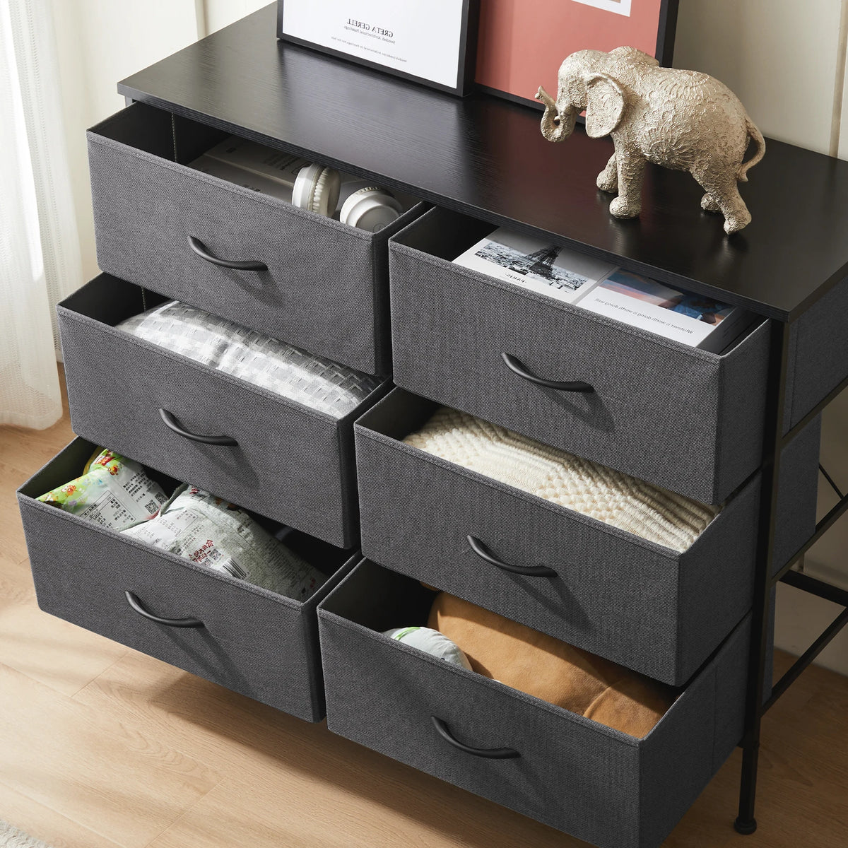 JHK 6 Fabric Drawer Nightstand With Metal Storage Cabinet
