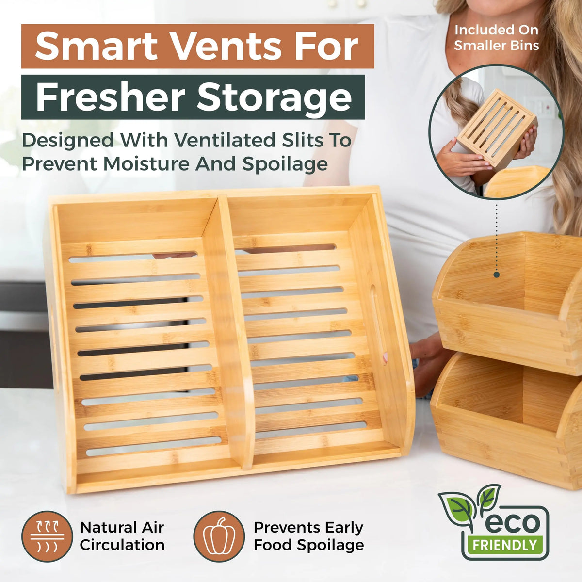 Potato and Onion Storage Bin, Stackable Bamboo Pantry Organizer and Storage Ventilated Wood Baskets with Handles for Potatoes, Onions, Garlic, Fruit and Vegetables; Kitchen Countertop Produce