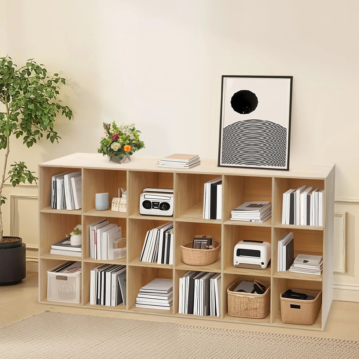 18-Cube Solid Wood Multilayer Bookshelf Easy Assembly Bookcase Floor 3-Tier Storage Cabinet 30x90x180cm Living Room Bedroom Study Storage Shelf for Books Toys Sundries Display Cabinet