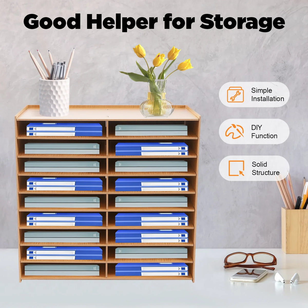 Wooden 18 Slot Desktop File Organizer Document Paper Sorter