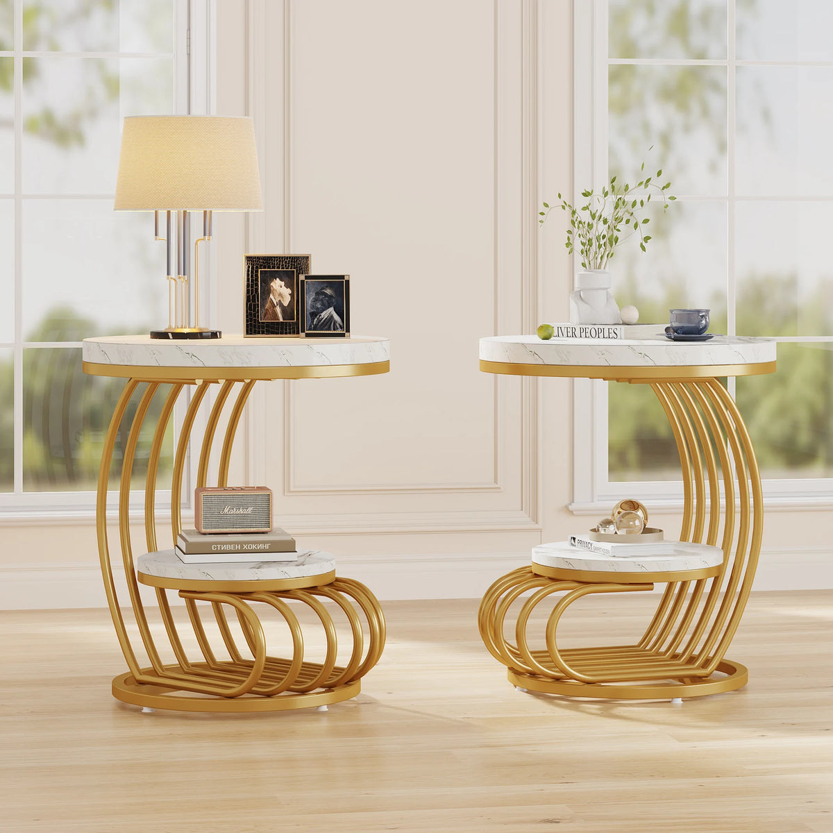 Tribesigns Modern Round Faux Marble End Table With Storage Shelf