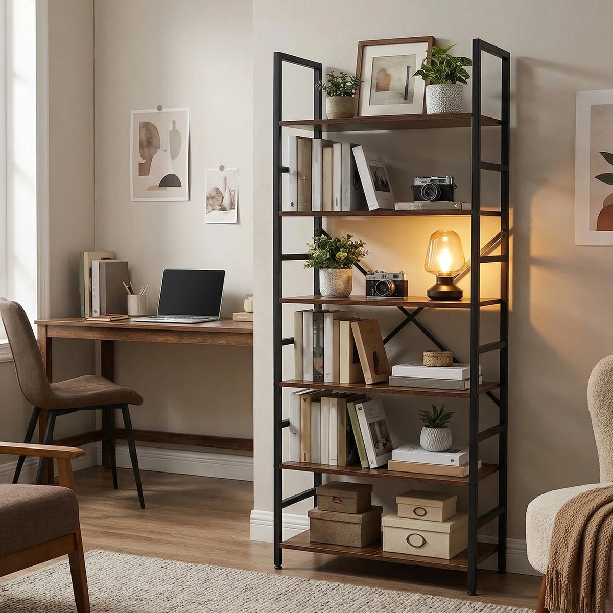 Modern Metal 5 Tier Corner Bookshelf Office Storage Rack