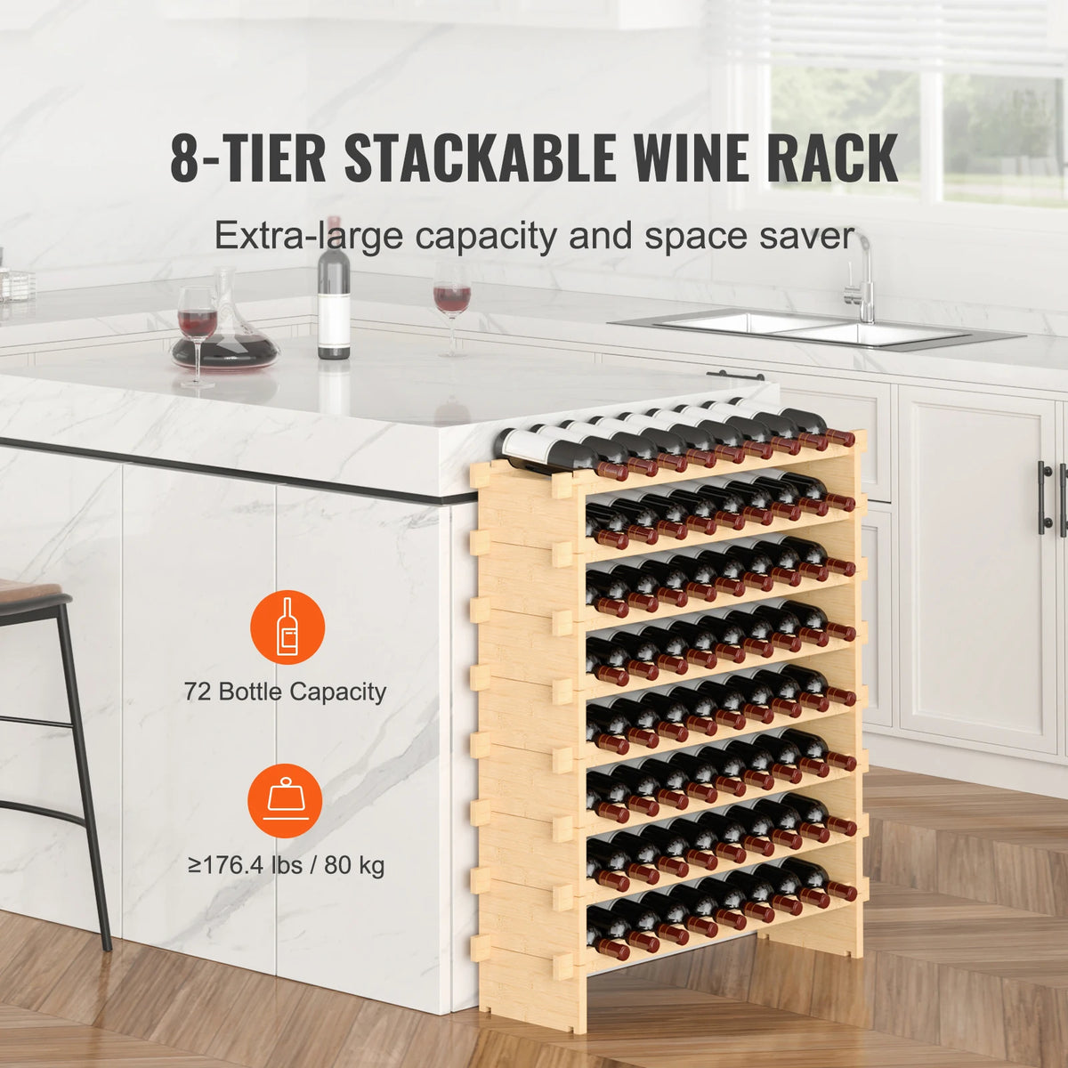 SucceBuy Stackable 8-Tier Bamboo Freestanding Wine Storage Rack