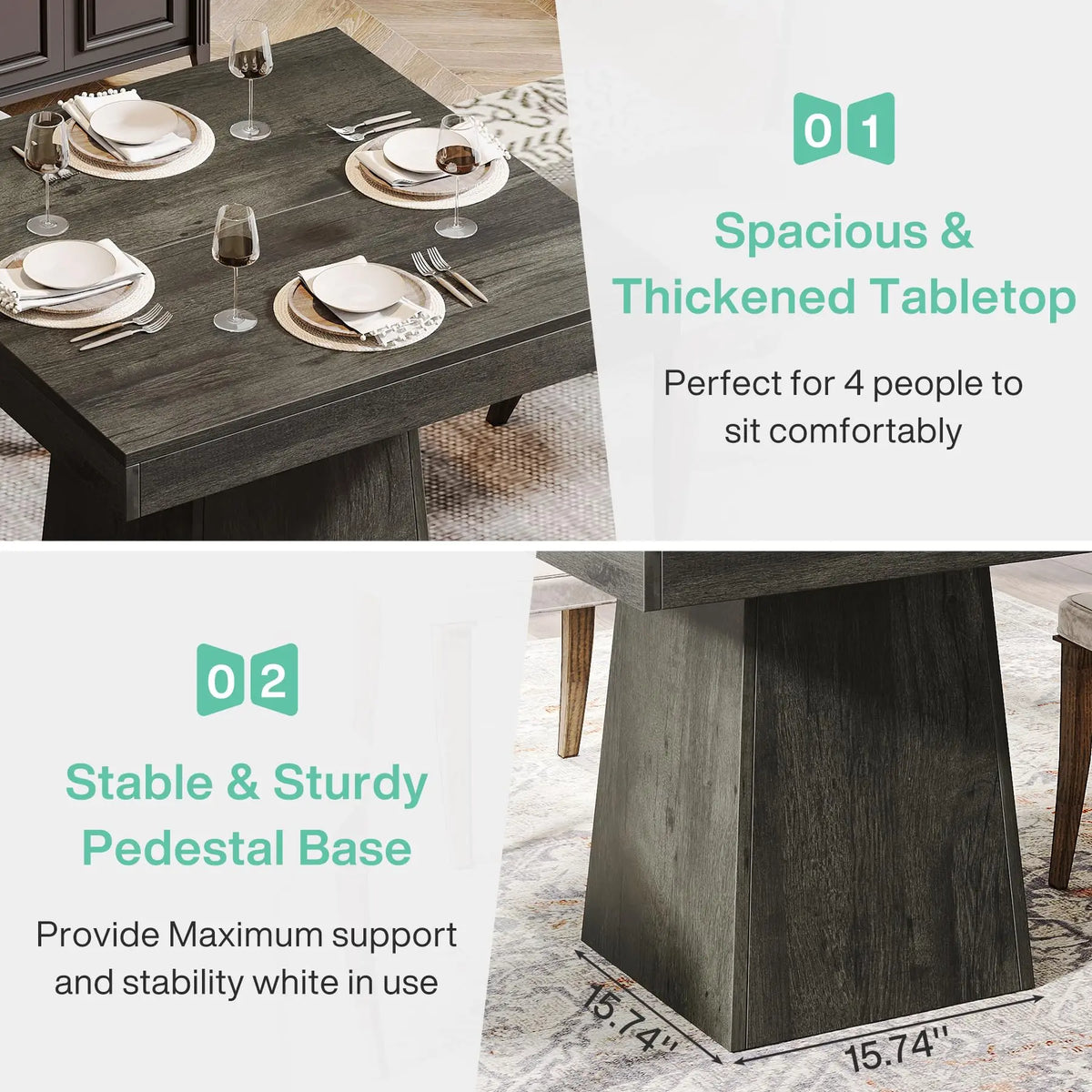 Tribesigns Square Wooden Dining Table With Pedestal Base Farmhouse Style