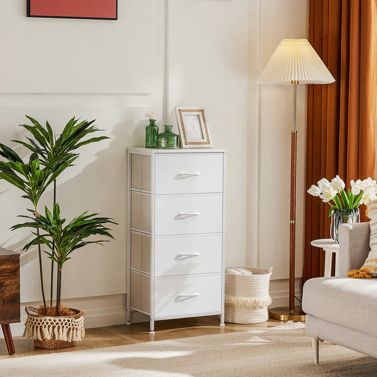 JHK Four Fabric Drawers Steel Frame Bedroom Storage Cabinet