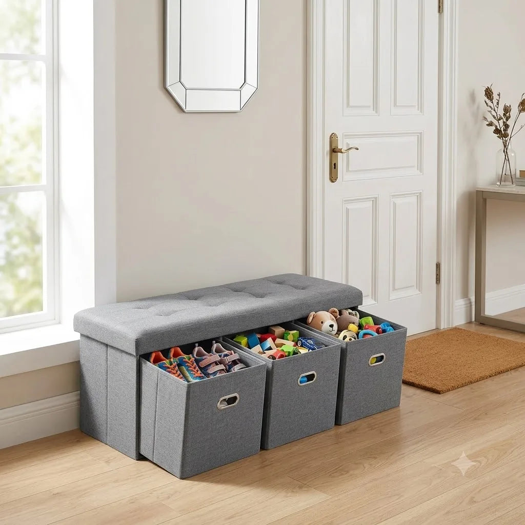 Foldable Linen Storage Ottoman Bench With 3 Removable Drawers