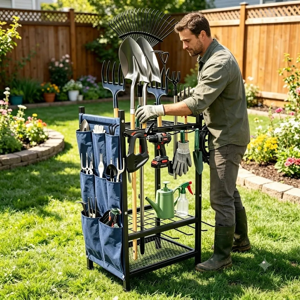 Heavy Duty Freestanding Metal Garden Tool Storage Rack Organizer