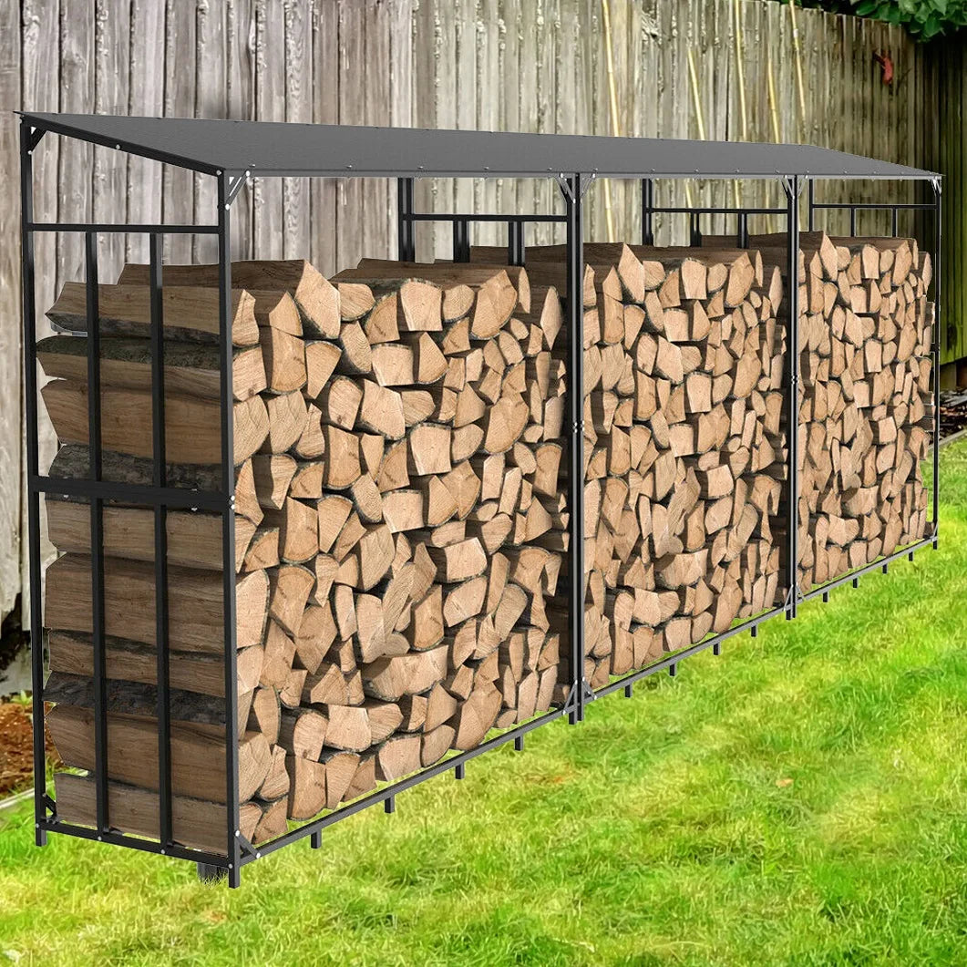 Tall Metal Firewood Rack Stand With Cover For Outdoor Fireplace